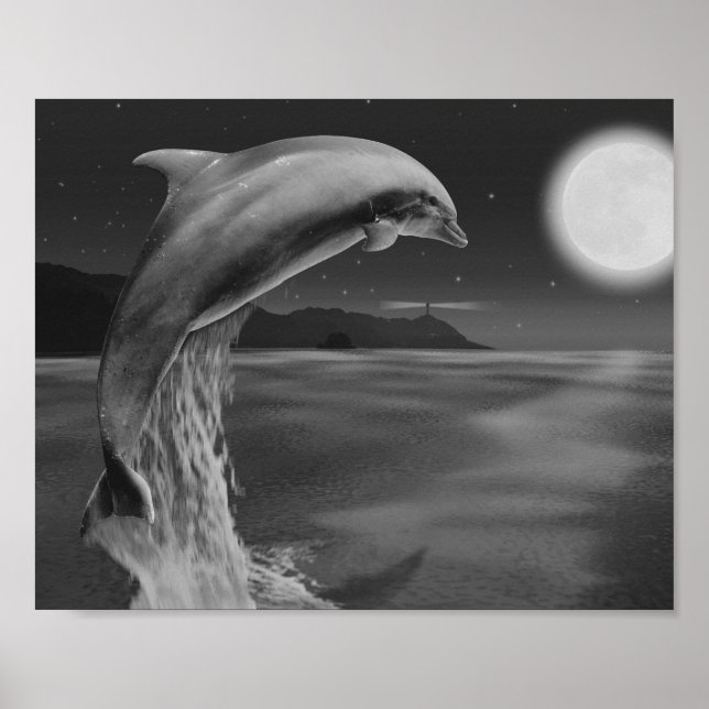 Black and White Dolphin Tropical Printable Art  Poster (Front)