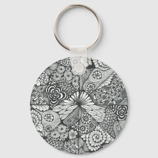 Black and white doodle art keyring. key ring (Front)