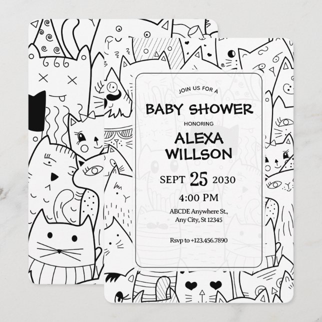 Black and white doodle cats BABY SHOWER Invitation (Front/Back)