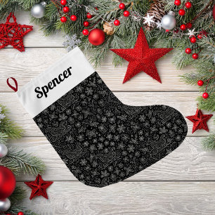 Black and White Doodle Christmas Sleigh Pattern Large Christmas Stocking