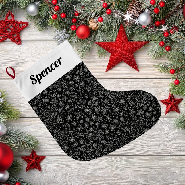Black and White Doodle Christmas Sleigh Pattern Large Christmas Stocking (Creator Uploaded)