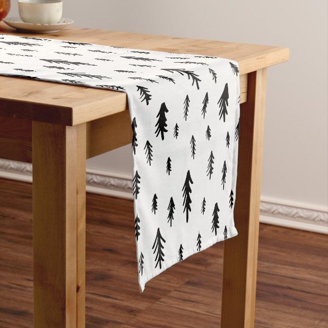 Black and White  Doodle Christmas Trees Short Table Runner (In Situ)