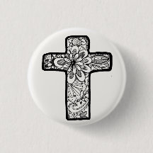 Black and White Doodle Cross Button
