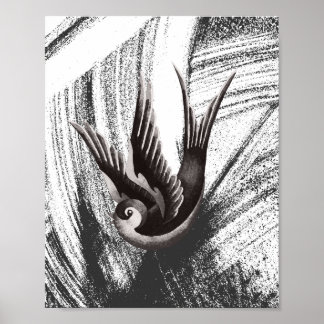 Black and white, doodle drawing of a bird poster