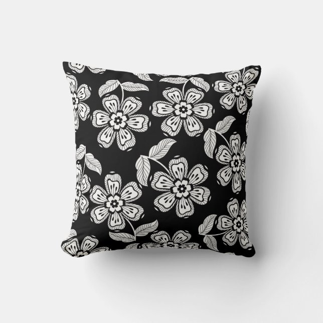 Black and white doodle flower patternblack,abstrac cushion (Front)