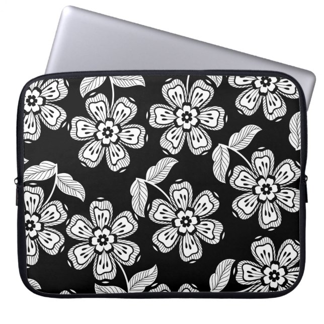Black and white doodle flower patternblack,abstrac laptop sleeve (Front)