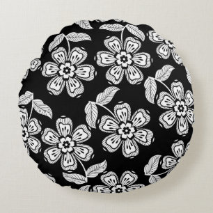 Black and white doodle flower patternblack,abstrac round cushion
