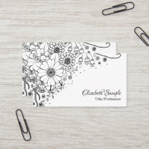 Black and White Doodle Flowers Colour In Picture Business Card
