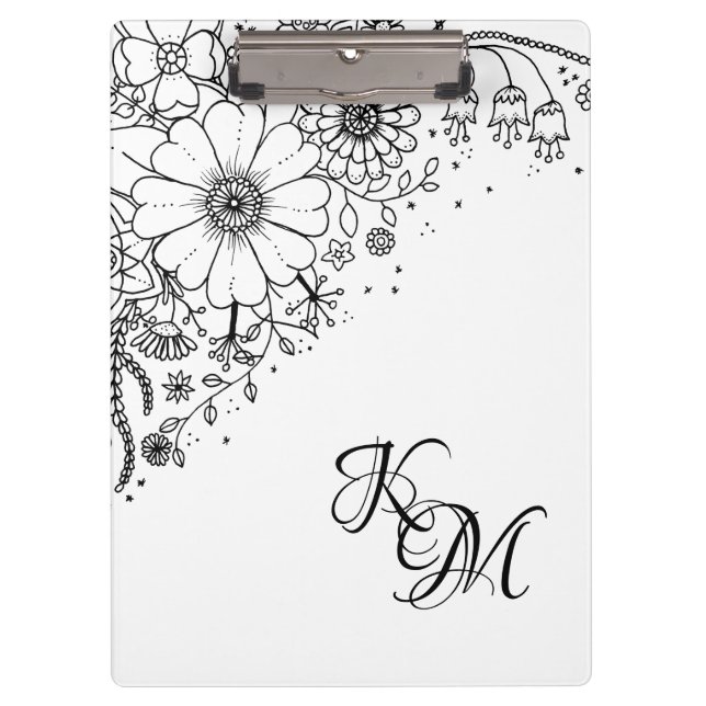 Black and White Doodle Flowers Colour In Picture  Clipboard (Front)