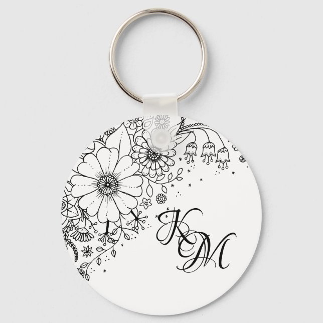 Black and White Doodle Flowers Colour In Picture Key Ring (Front)