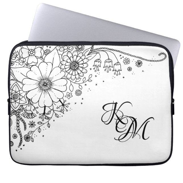 Black and White Doodle Flowers Colour In Picture Laptop Sleeve (Front)