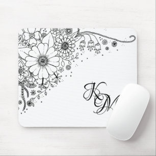 Black and White Doodle Flowers Colour In Picture Mouse Mat