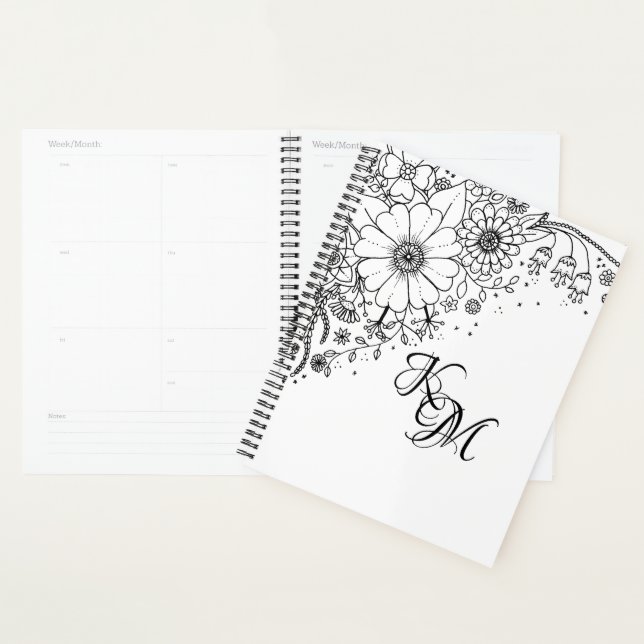 Black and White Doodle Flowers Colour In Picture Planner (Display)