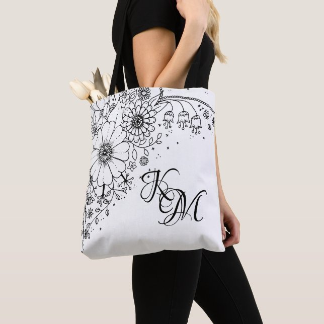 Black and White Doodle Flowers Colour In Picture  Tote Bag (Close Up)