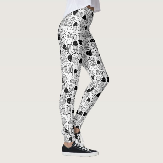 Black and white doodle jelly fish pattern leggings (Right)