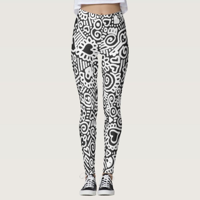 Black And White Doodle Pattern Leggings (Front)