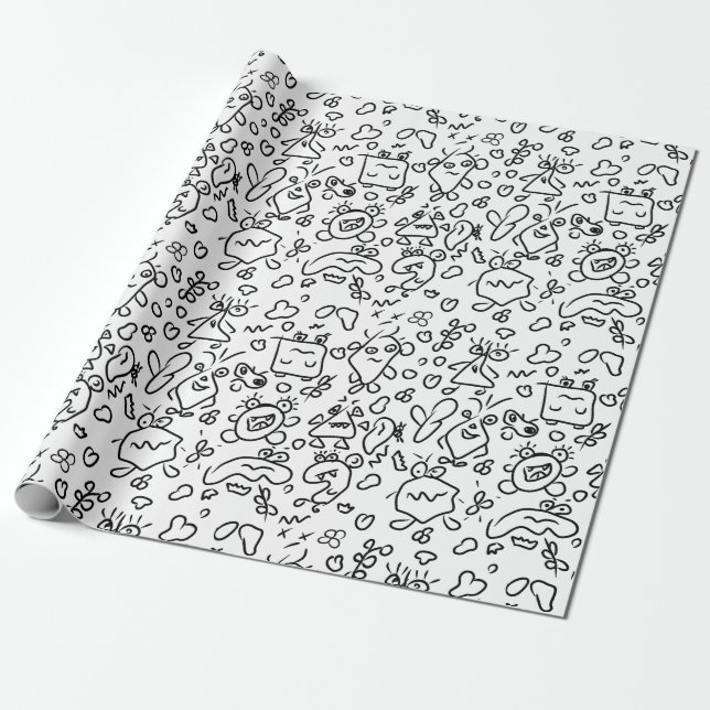 Black and white doodle pattern wrapping paper (Unrolled)