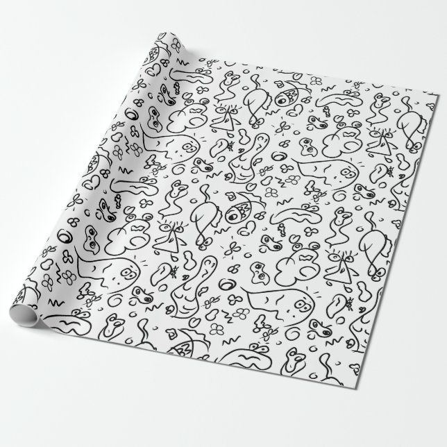 Black and white doodle pattern wrapping paper (Unrolled)
