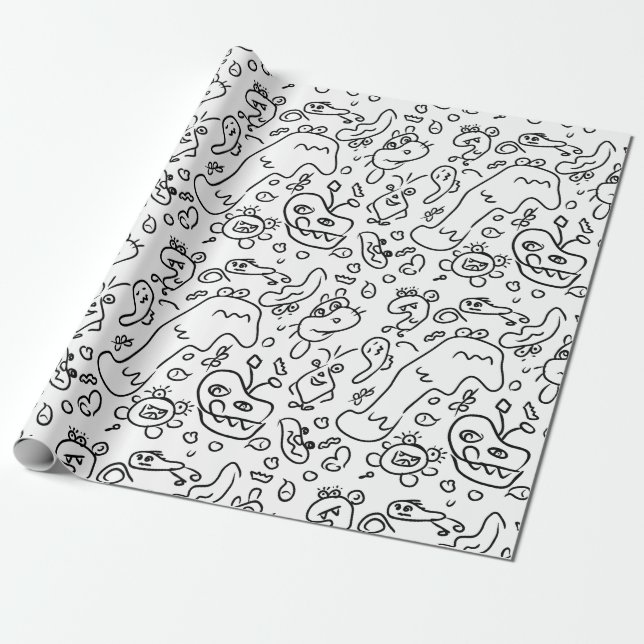 Black and white doodle pattern wrapping paper (Unrolled)
