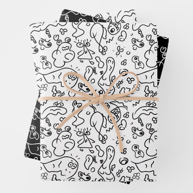 Black and white doodle pattern wrapping paper shee (In situ)