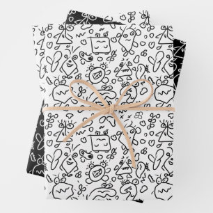 Black and white doodle pattern wrapping paper shee