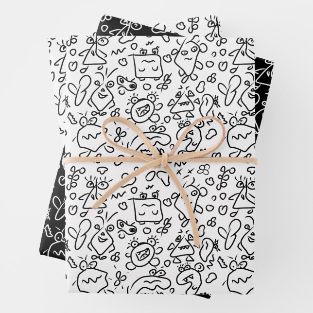Black and white doodle pattern wrapping paper shee (In situ)