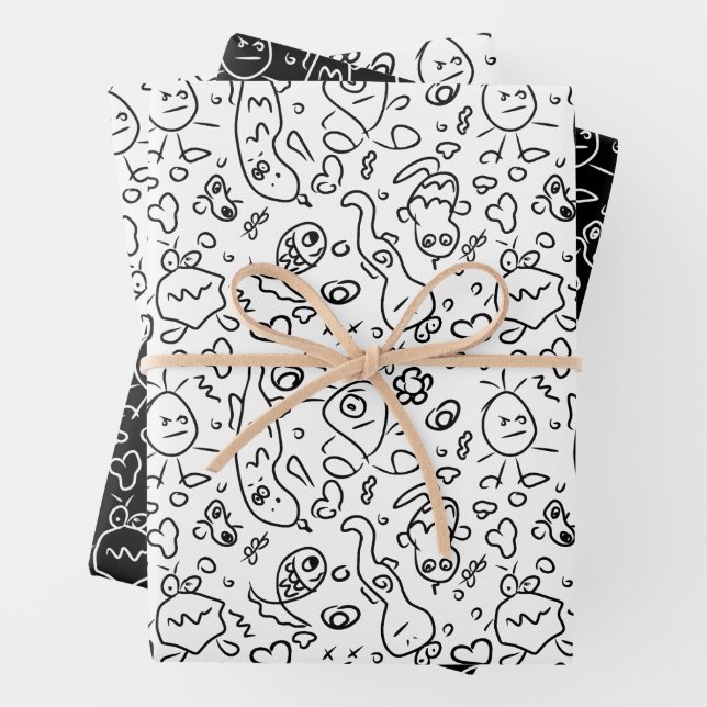 Black and white doodle pattern wrapping paper shee (In situ)