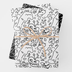 Black and white doodle pattern wrapping paper shee