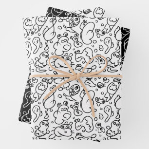 Black and white doodle pattern wrapping paper sheet