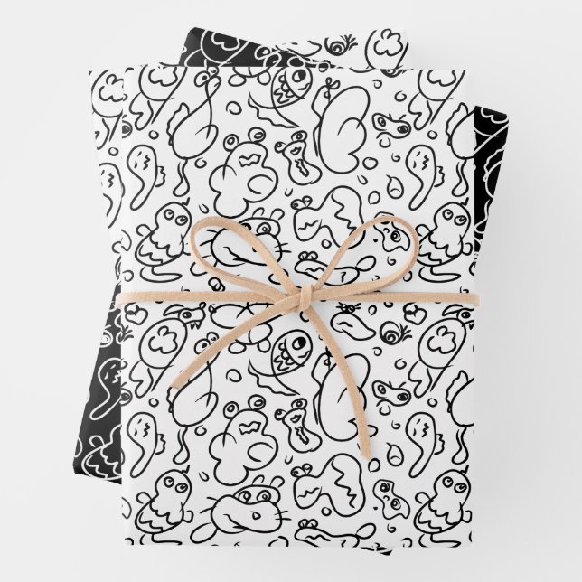 Black and white doodle pattern wrapping paper sheet (In situ)