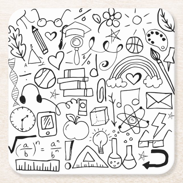 Black and White Doodle School Art Square Paper Coaster (Front)