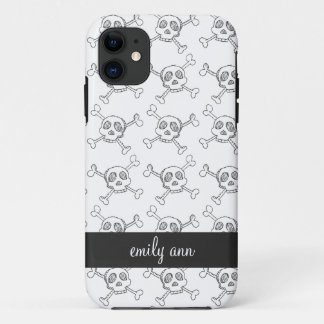 Black and White Doodle Skulls Pattern iPhone 11 Case