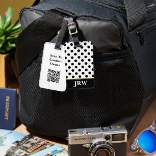 Black and White Dot Pattern Monogram QR Code  Luggage Tag