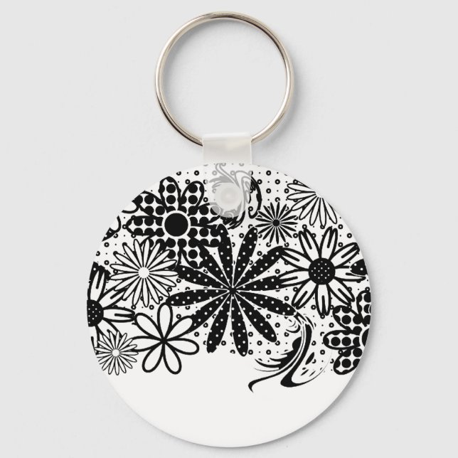 Black And White Dotted Flowers Keychain (Front)