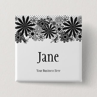 Black And White Dotted Flowers Name Badge Button