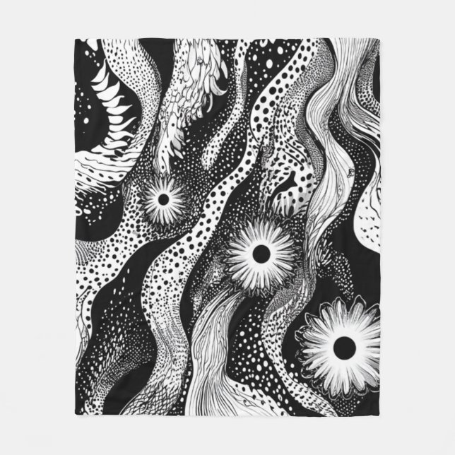 Black And White Dotted Waves Fleece Blanket (Front)