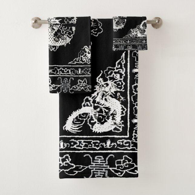 Black and White Dragon Bath Towel Set (Insitu)