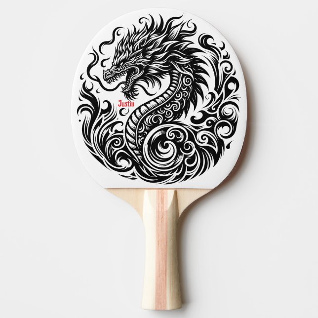 Black and White Dragon Personalised Ping Pong Paddle (Front)
