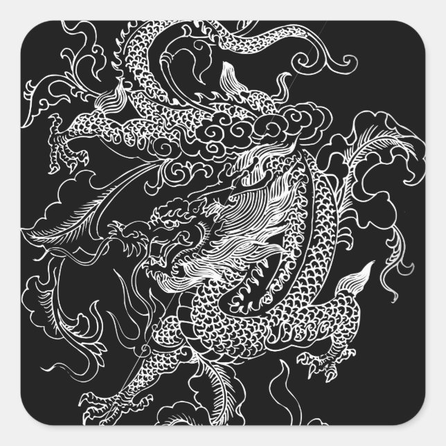 Black and White Dragon Square Sticker (Front)