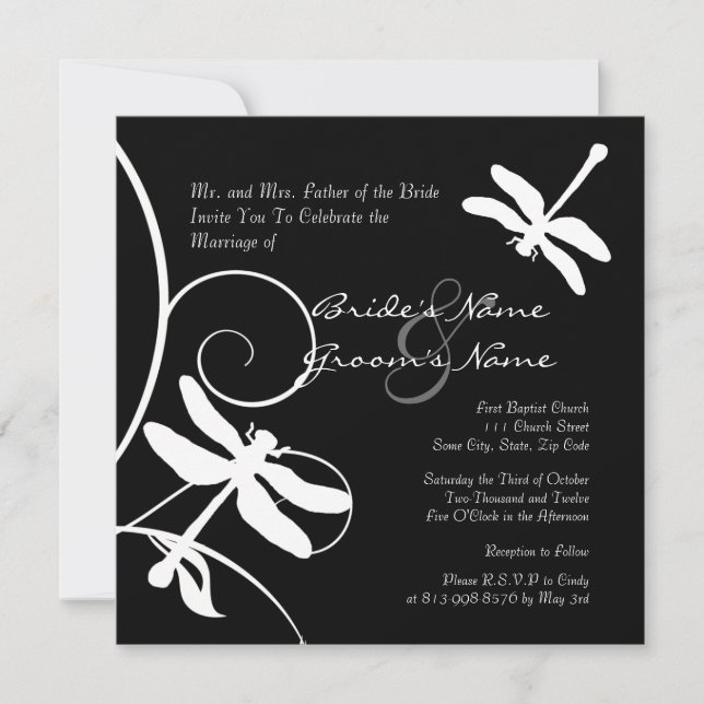Black and White Dragonfly Wedding Invitation (Front)