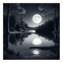 black and white drawing, the lake and the stars 