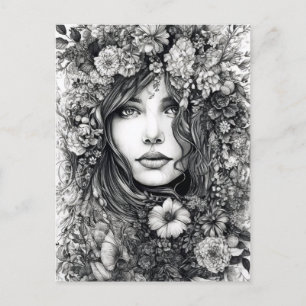 Black and White Drawing Woman With Flowers Postcard