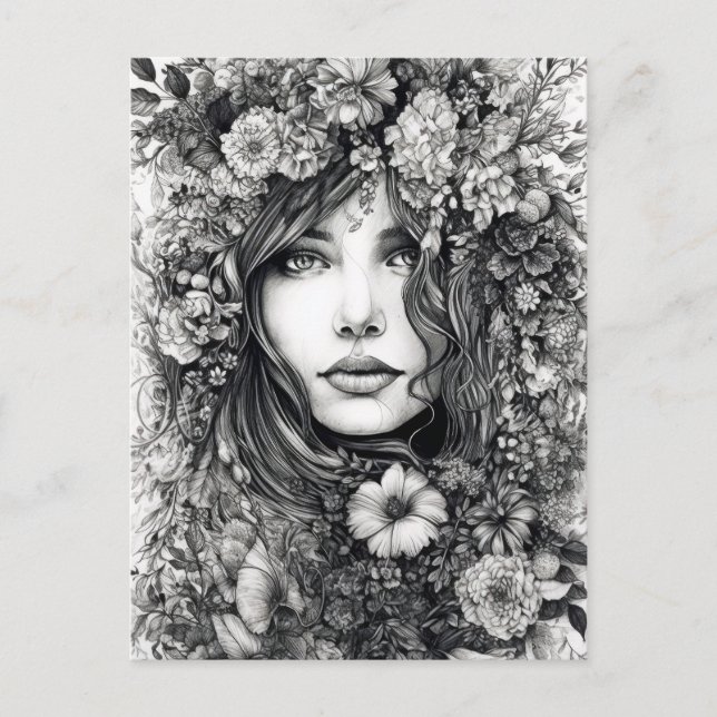 Black and White Drawing Woman With Flowers Postcard (Front)