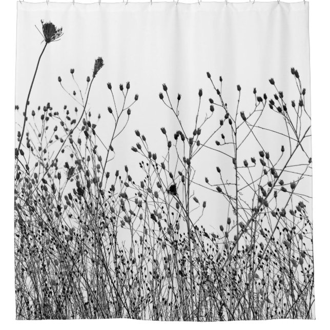 Black and White Dried Plants Silhouette Shower Curtain (Front)