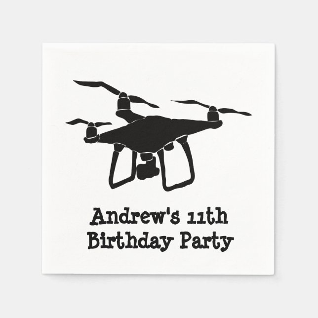 Black and White Drone Birthday Party Napkin (Front)