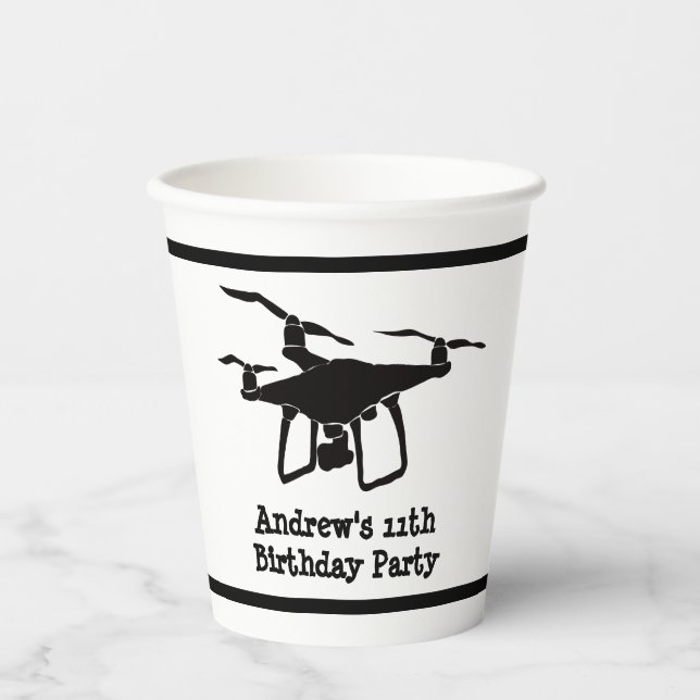 Black and White Drone Illustration Birthday Party Paper Cups (Front)