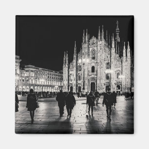 Black and White Duomo Piazza Night Scene, Milan Magnet