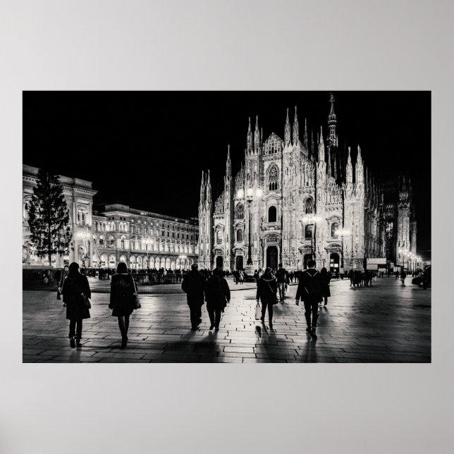 Black and White Duomo Piazza Night Scene, Milan Poster (Front)