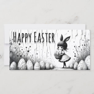 Black and White Easter Girl with Bunny Ears