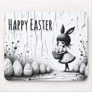Black and White Easter Girl with Bunny Ears Mouse Mat